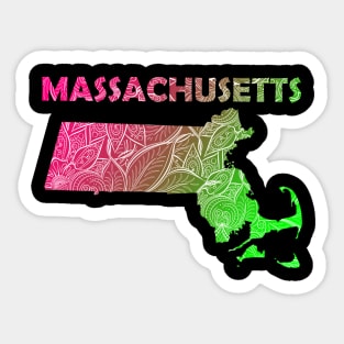 Colorful mandala art map of Massachusetts with text in pink and green Sticker